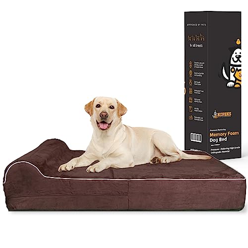 KOPEKS Orthopedic Memory Foam Dog Bed 7' Inch Thick Extra Large Dog Bed With Pillow Brown 50'x34'x10' Includes Waterproof Liner & Durable Removable Cover With Smart Design