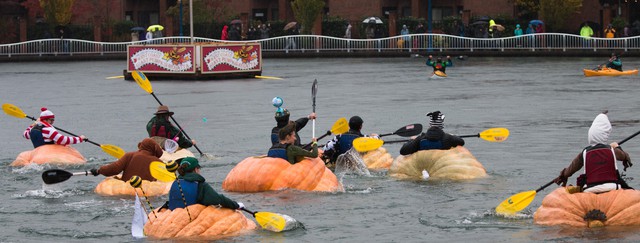 halloween fundraiser with giant pumpkins in a river