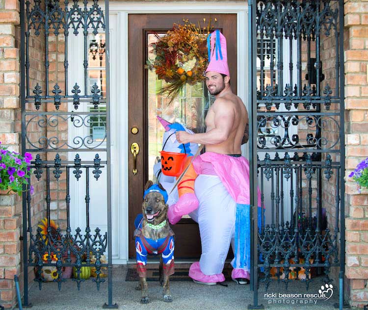 dog and dad trick or treating