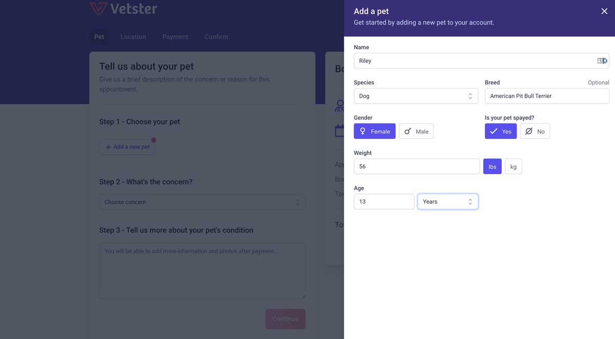 add pet details to vetster sign up